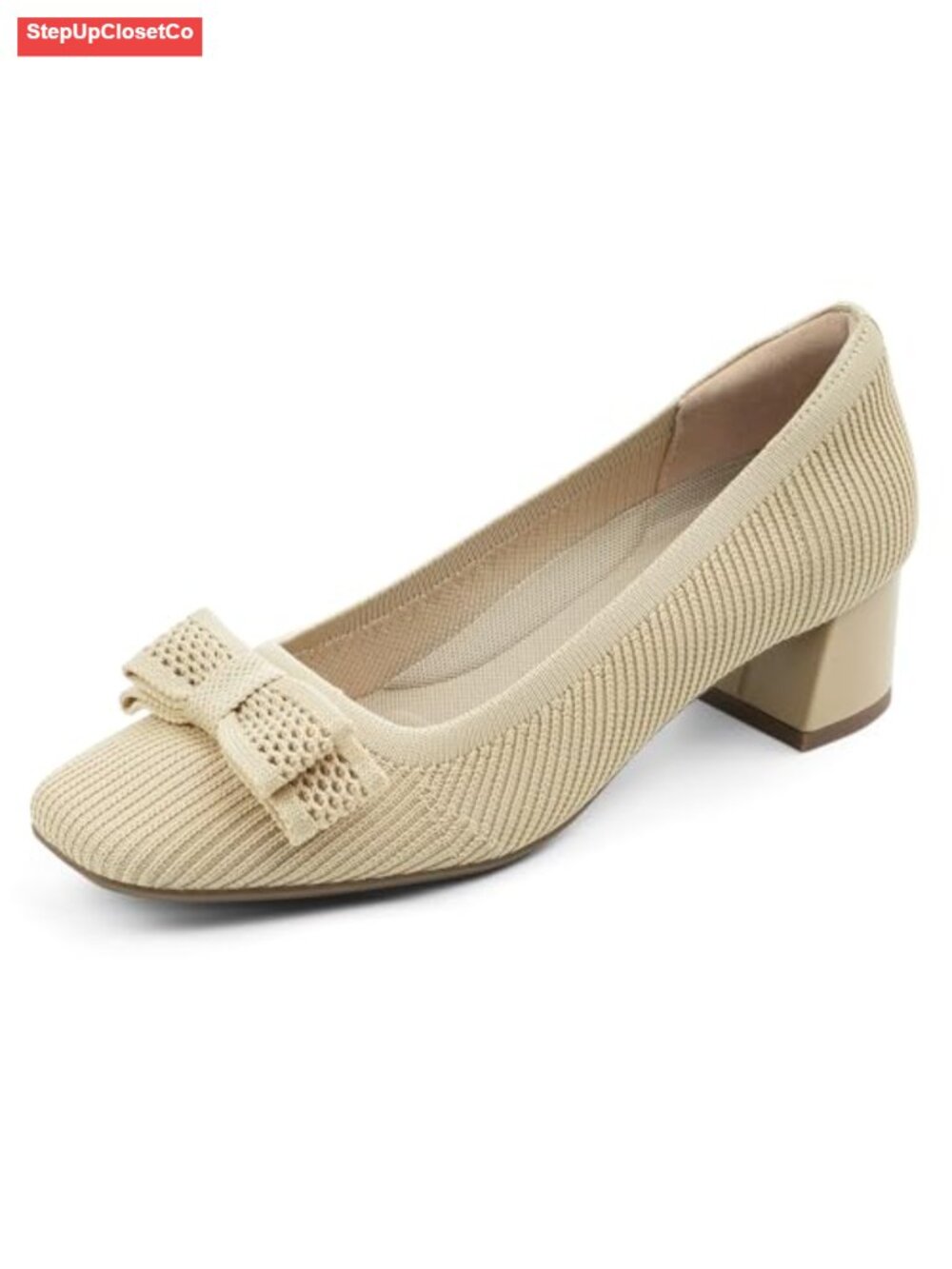 Low chunky heel knit pumps with bow, square toe, slip-on